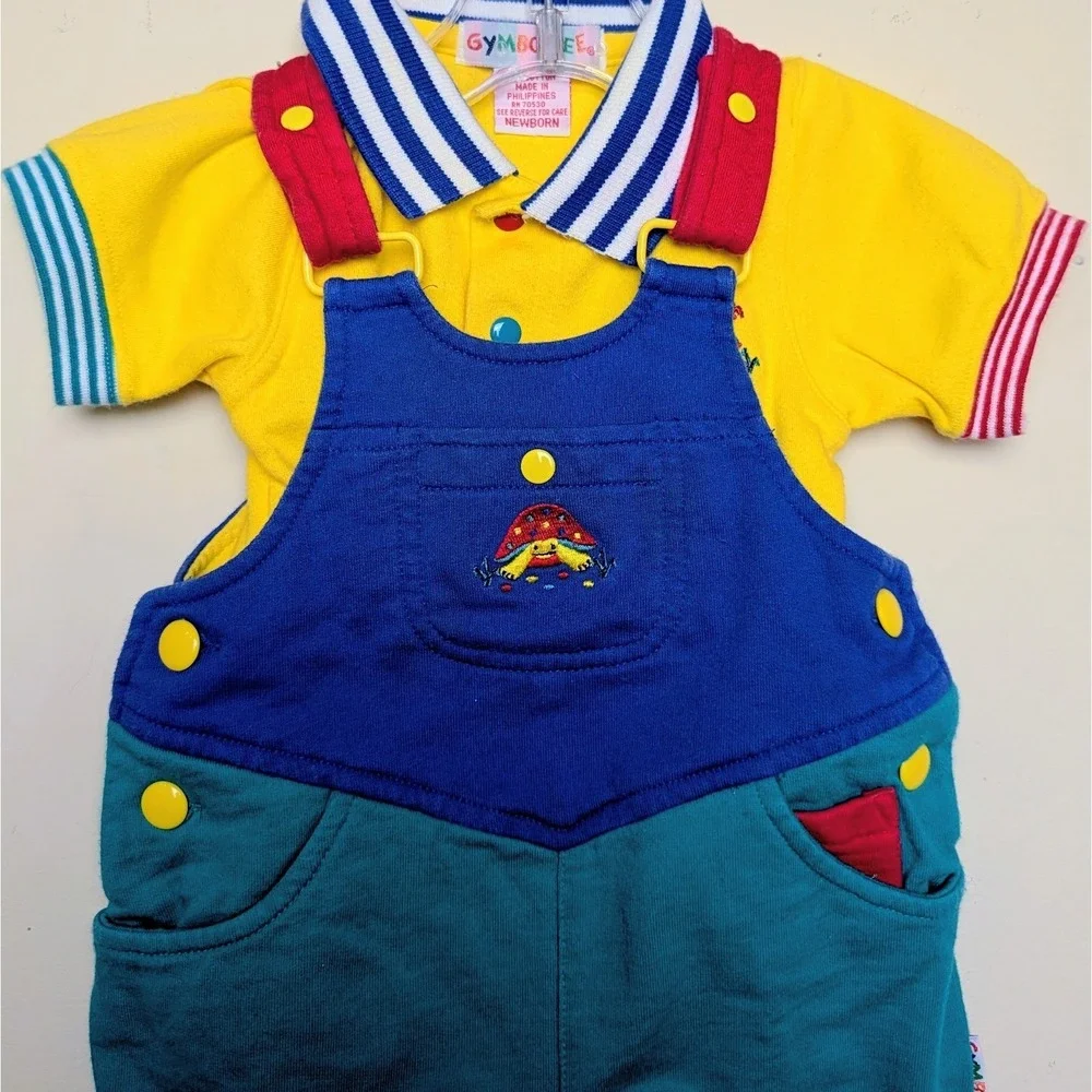 VTG Gymboree Turtle Bubble Overalls Shirt 2pc Set‎ Rainbow Tag 90s Baby Newborn